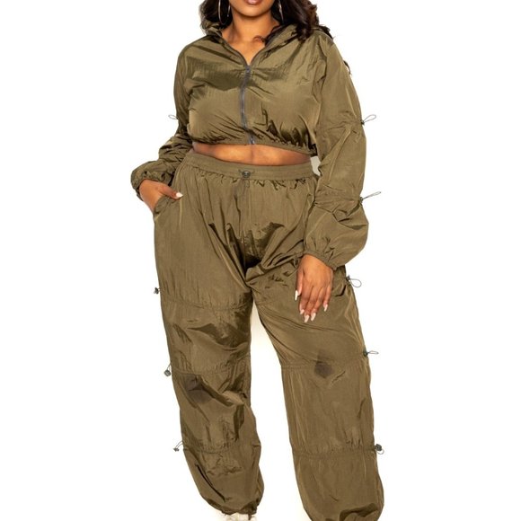 Women's Olive Plus Size Hooded Active Cord Zip Up Set